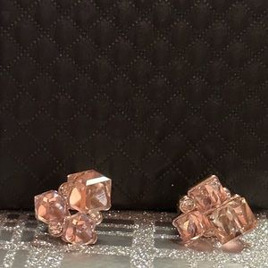 Light pink square geometric chunk rhinestone pierced earrings